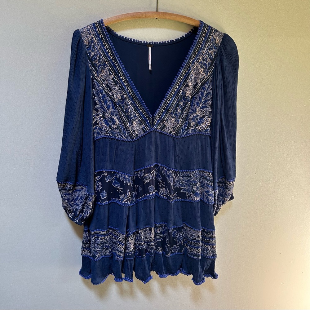 Boho-Style Deep Blue V-Neck Tiered Mini Dress - Picture 4 of 16